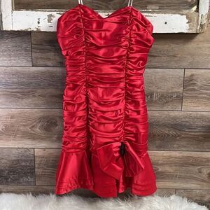 Nadine Ladies Ruched Bodycon Tiered Layer Cocktail Red Satin Strapless Dress